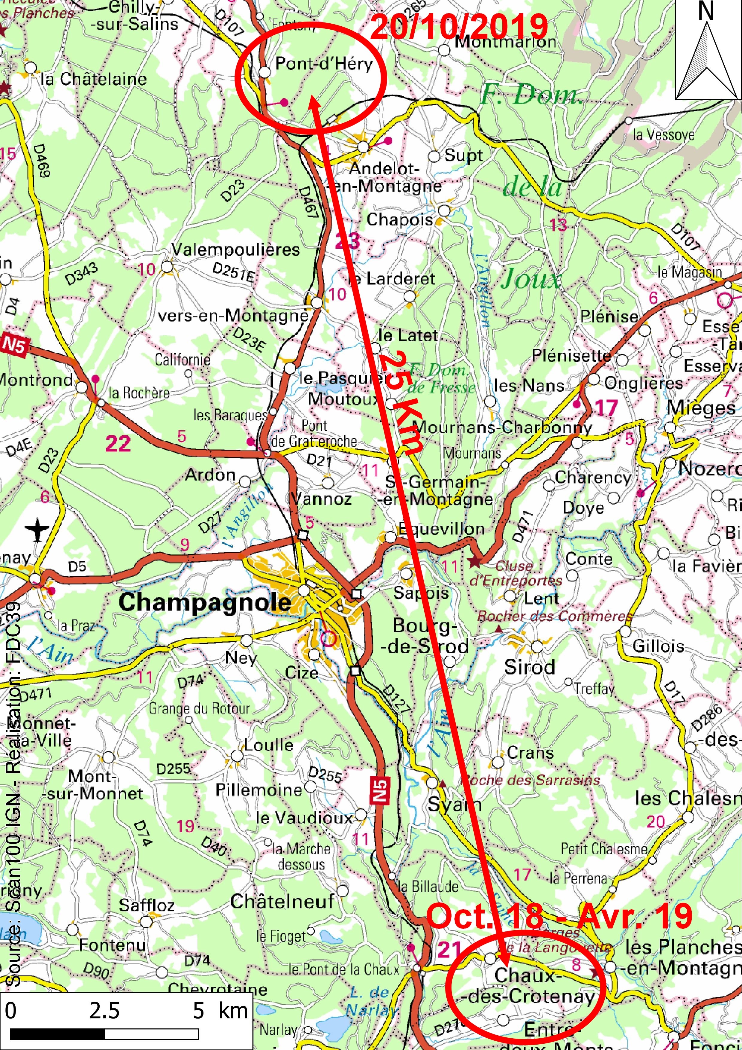 Dispersion d'un chevrillard entre les communes de Chaux-des-Crotenay et Pont-d'Héry