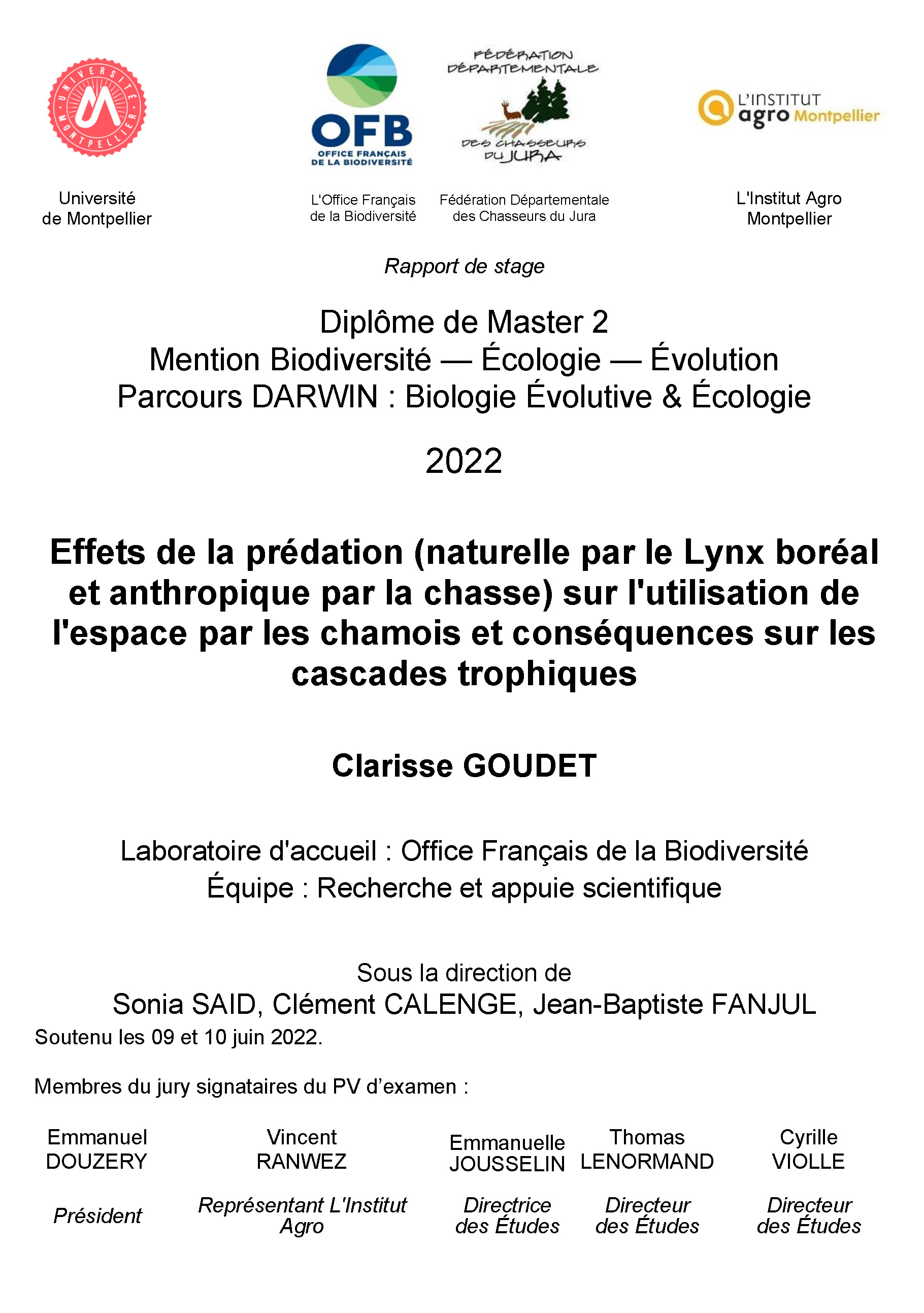 Première page du rapport de stage de Clarisse GOUDET